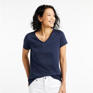 L.L. Bean Navy Women's Pima Cotton Shaped V-Neck, Short-Sleeve